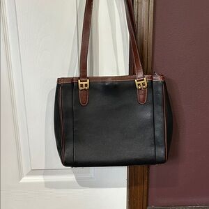 Bally Black & brown pebbled leather B logo satchel purse